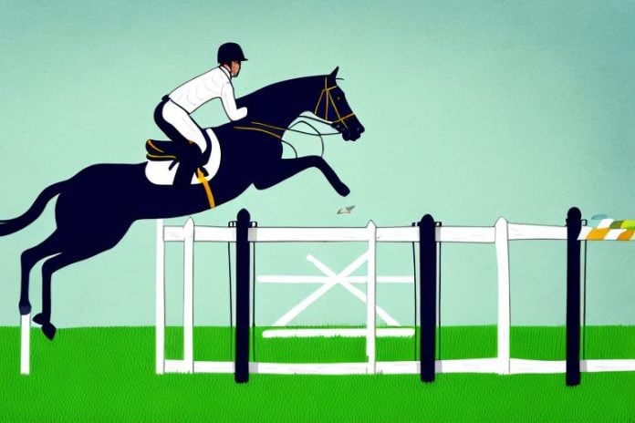 An irish sport horse jumping over a fence in a midrand landscape
