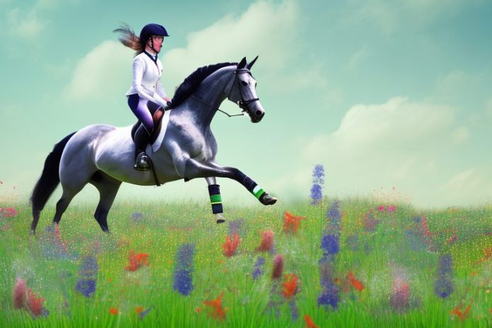 An irish sport horse galloping through a field of wildflowers in germiston