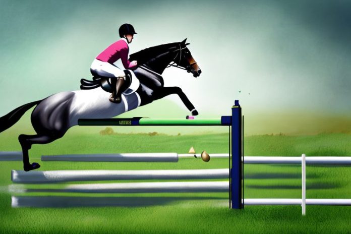 An irish sport horse jumping over a fence in a rural setting