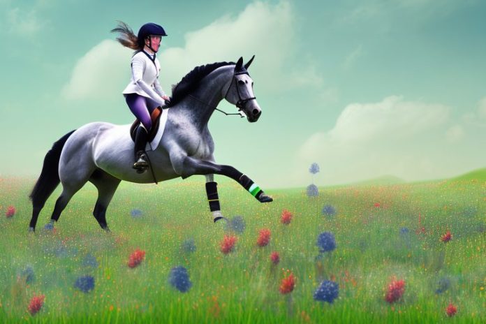 An irish sport horse galloping through a field of wildflowers in secunda