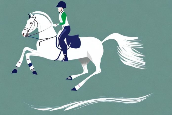 An irish sport horse galloping through a white river