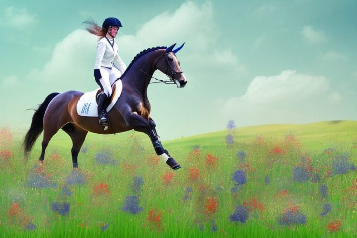 An irish sport horse galloping in a field of wildflowers in de aar