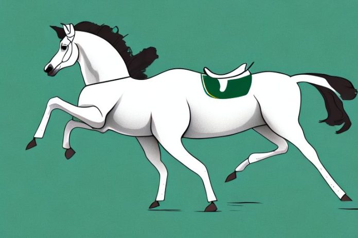 An irish sport horse galloping in a field of springbok