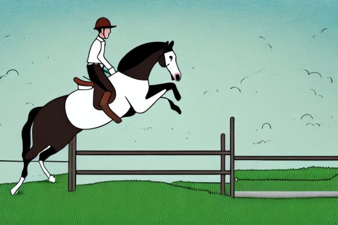 A horse and rider jumping a fence in a rural landscape