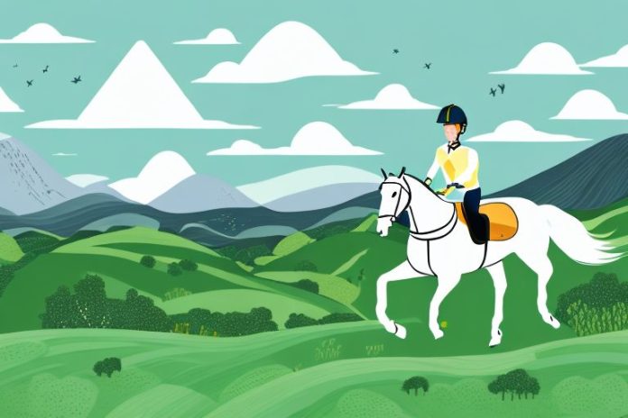 An irish sport horse galloping through a landscape of rolling hills and valleys in the north west