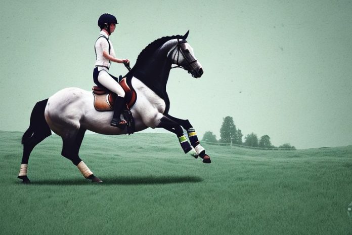 An irish sport horse galloping through a rustic countryside landscape