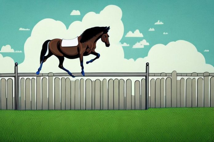 A horse jumping over a fence in a rural landscape