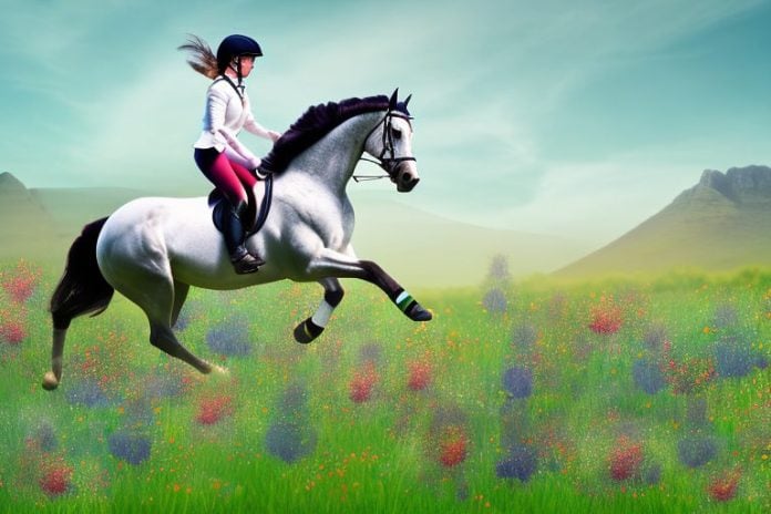 A majestic irish sport horse galloping through a field of wildflowers in stellenbosch