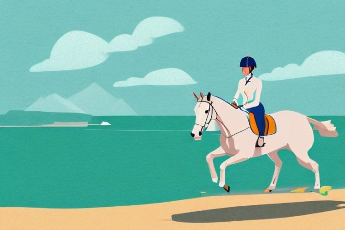 An irish sport horse galloping through a beach landscape in mossel bay