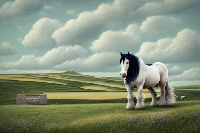 A shire horse in a rural landscape in orkney