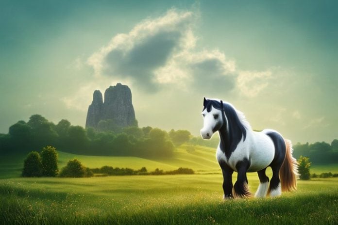 A majestic shire horse in a rural landscape