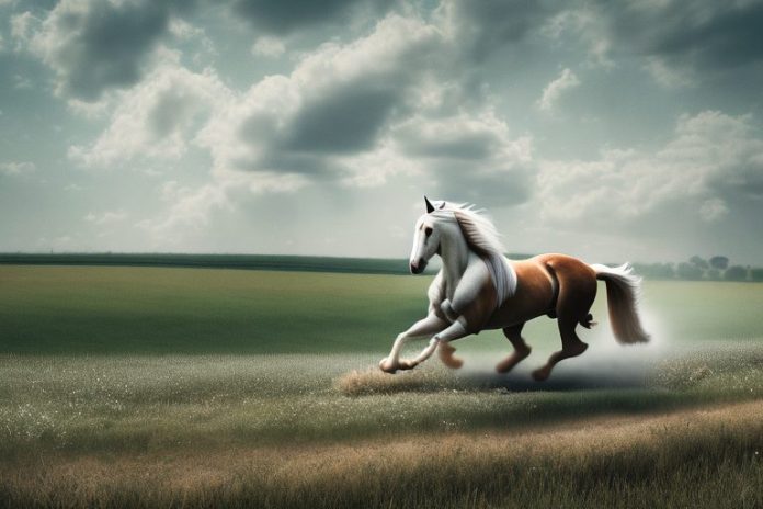 An american belgian draft horse galloping through a rural landscape in vereeniging
