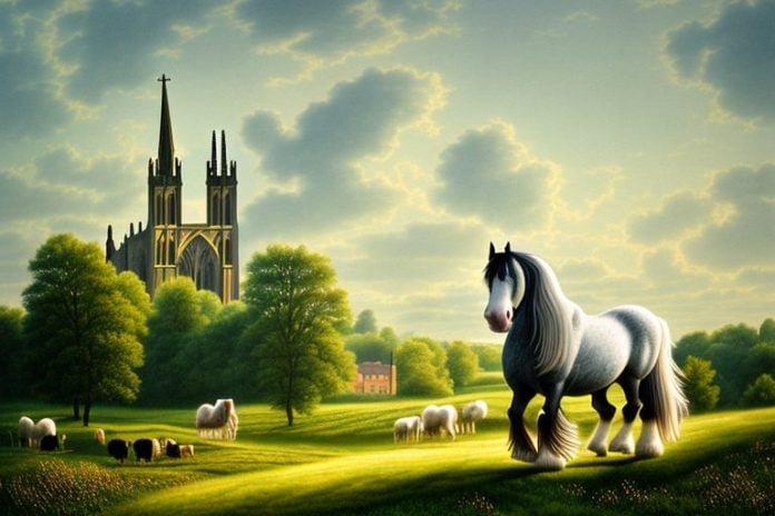 A shire horse in a rural landscape