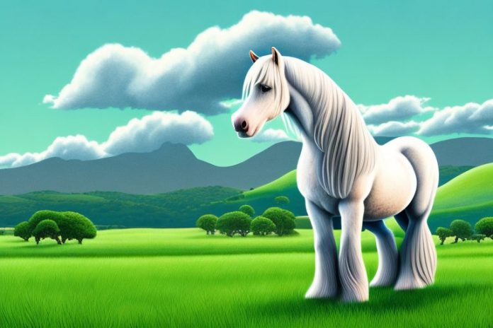 A majestic shire horse standing in a grassy field with the knysna landscape in the background