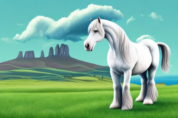 A majestic shire horse standing in a grassy field overlooking the mossel bay coastline