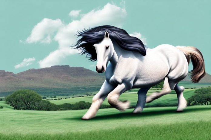 A majestic shire horse galloping through the rolling hills of oudtshoorn