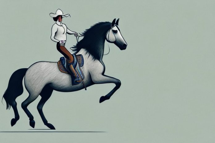 A horse and rider galloping through a rural landscape