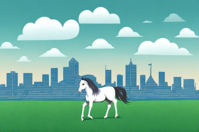 A horse in a field with a backdrop of the newcastle skyline