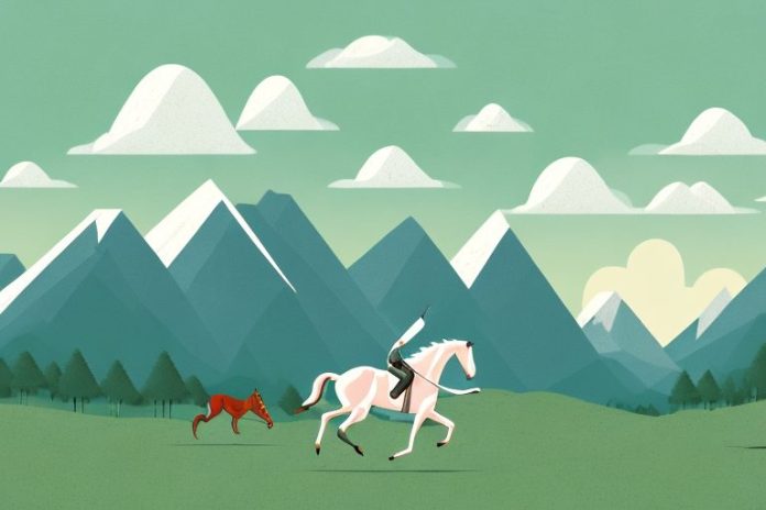 A horse and rider galloping through a rural landscape