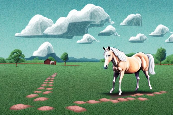A horse in a field with a cobblestone path leading to a kwamashu landscape