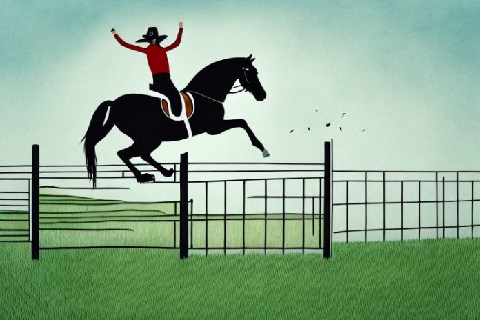 A horse and rider jumping over a fence in a rural landscape