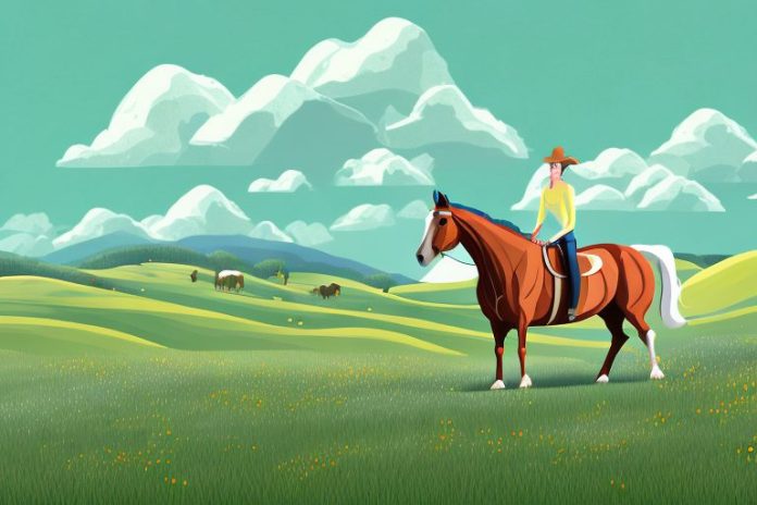 A horse and rider in a meadow