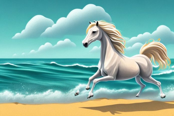 A cob horse galloping through a beach landscape in umhlanga