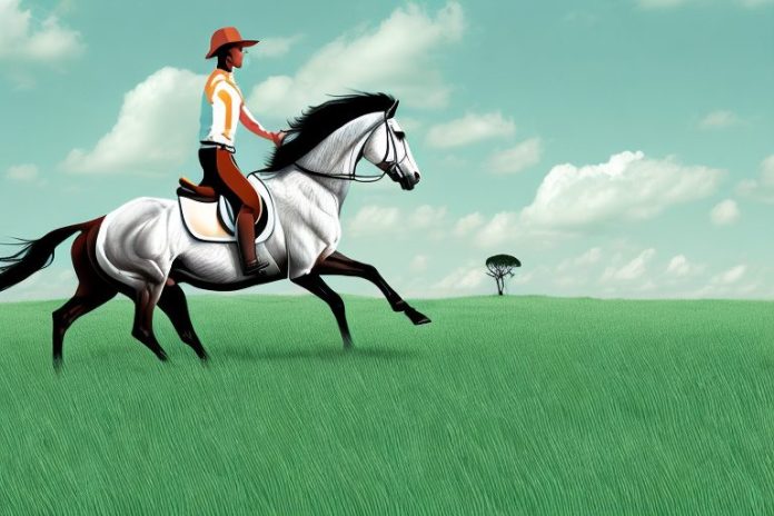 A horse and rider galloping through a grassy field in the eastern cape