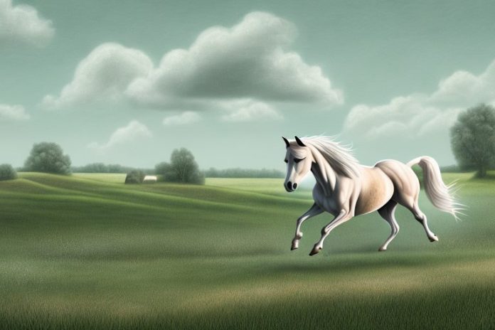A cob horse galloping through a rural landscape in east london