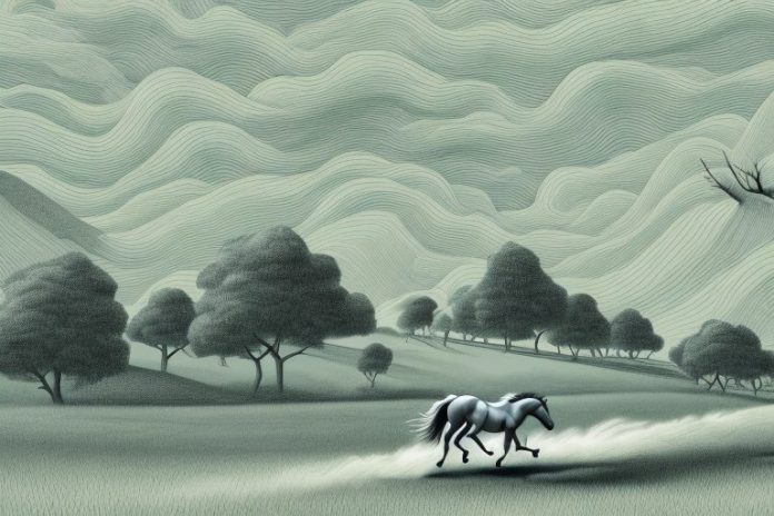 A horse galloping through a rural landscape in uitenhage