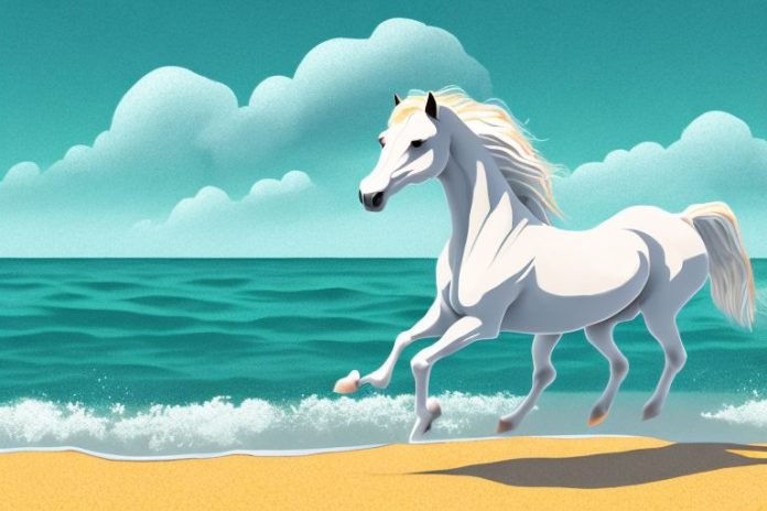 A cob horse galloping along a beach in port alfred