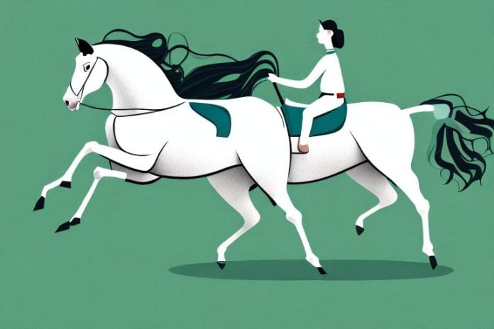 A horse and rider galloping across a grassy field