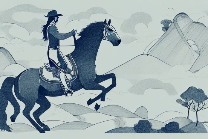 A horse and rider galloping through a picturesque landscape in parys