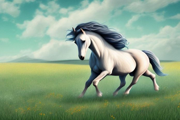 A cob horse galloping through a meadow in harrismith
