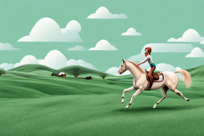 A horse and rider galloping through a rural landscape with a backdrop of rolling hills