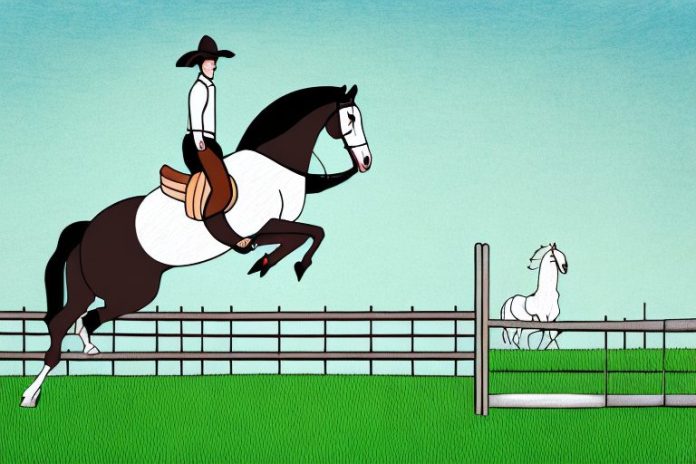 A horse and rider jumping a fence in a rural landscape