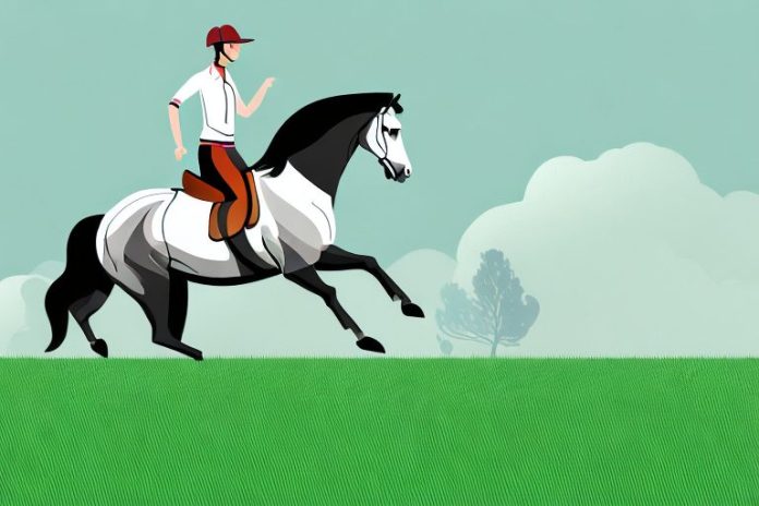 A horse and rider galloping across a grassy field in the east rand