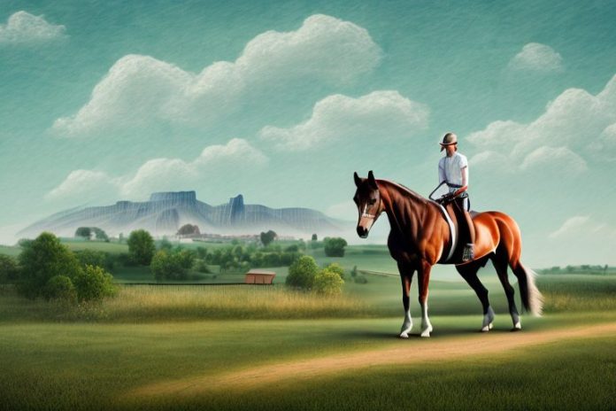 A horse and rider in a rural landscape
