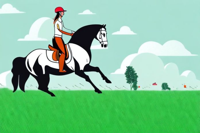 A horse and rider galloping through a grassy field in midrand