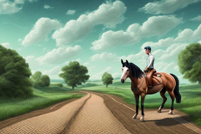 A horse and rider in a rural landscape
