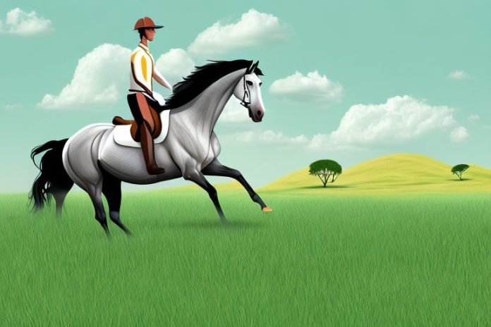 A horse and rider galloping through a grassy savannah in limpopo