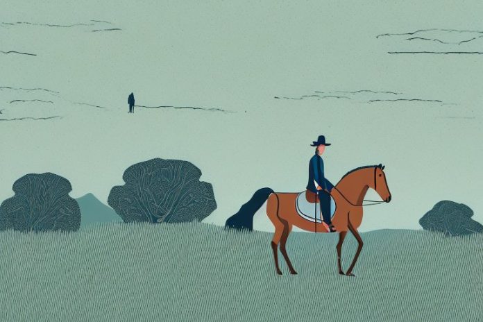 A horse and rider in a rural landscape