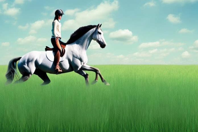 A horse and rider galloping through a field of tall grass in bela-bela