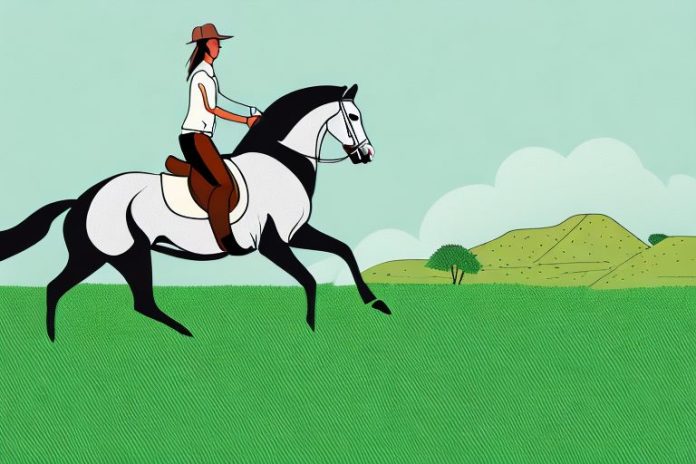 A horse and rider galloping through a grassy landscape in mpumalanga