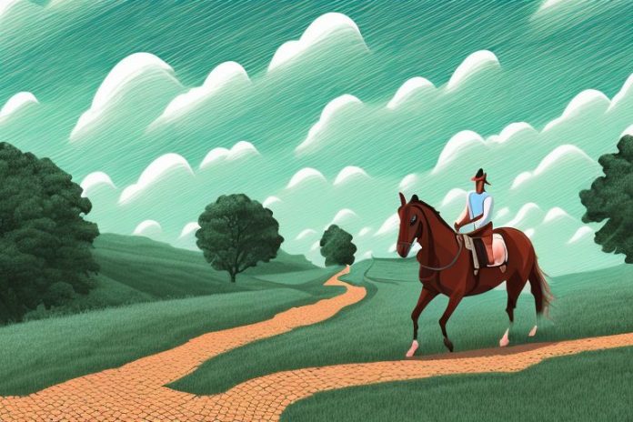 A horse and rider in a rural landscape