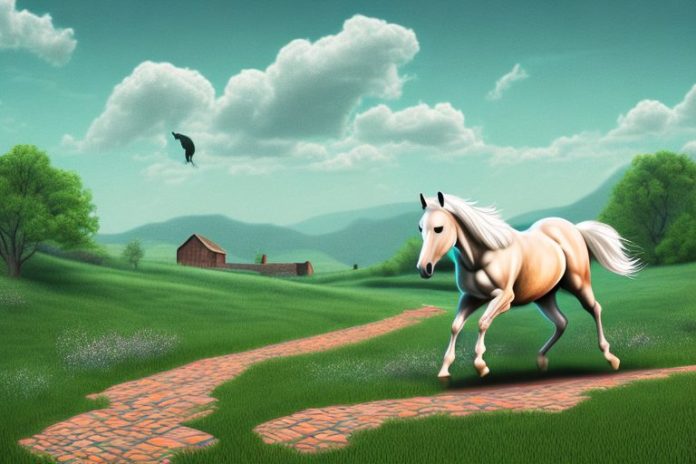 A horse galloping through a rural landscape