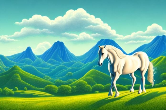A cob horse in a scenic landscape
