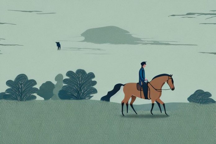 A horse and rider in a rural landscape