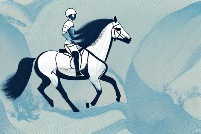A horse and rider galloping through a white river valley