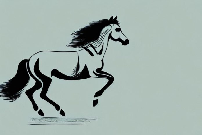A horse and rider galloping through a desert landscape